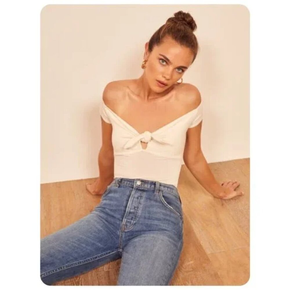 Reformation Sophia White Cap Sleeve Front Tie Bodysuit Size S